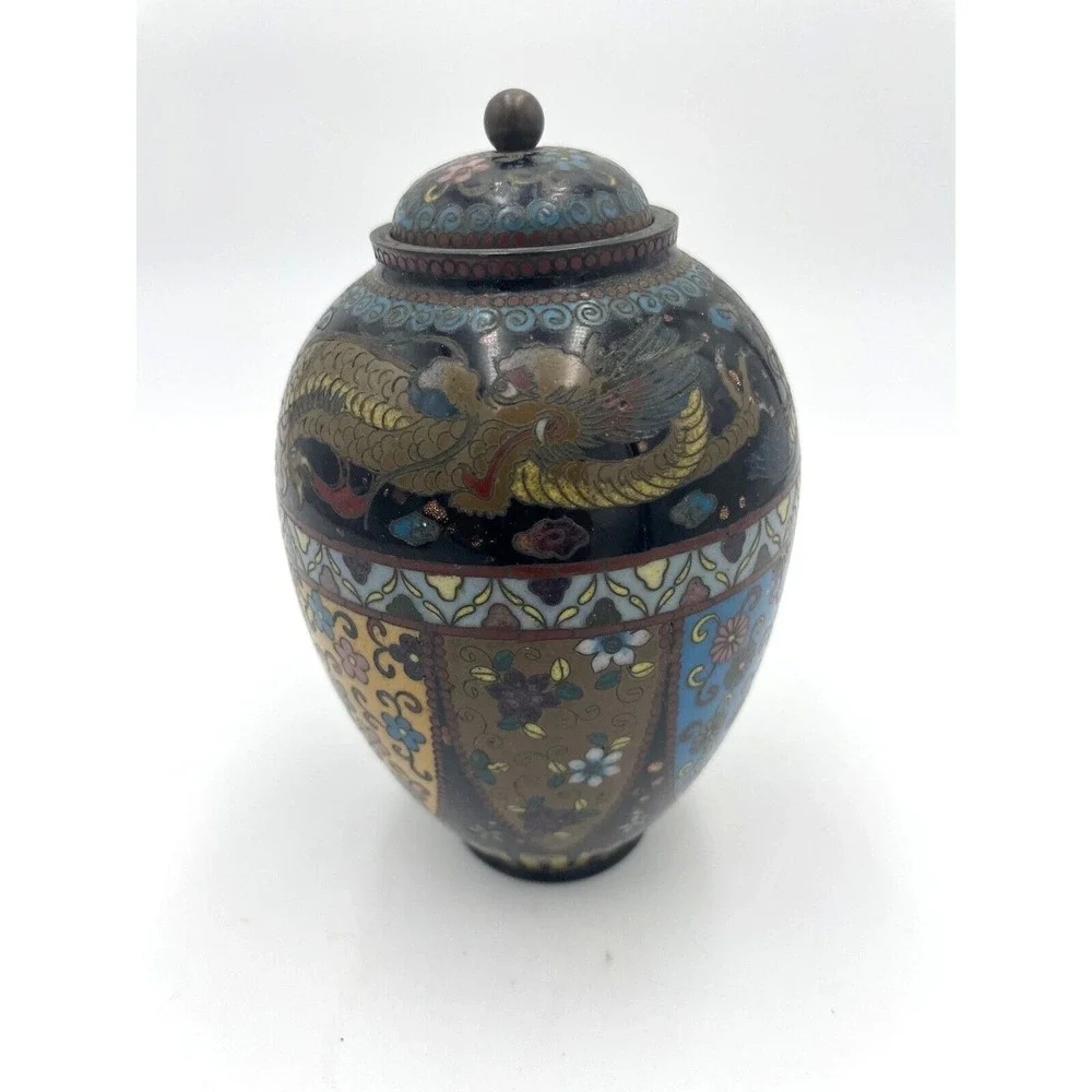Cloisonne Vase Jar with‎ Lid Dragon Floral Asian Decor Decorative Accent 6